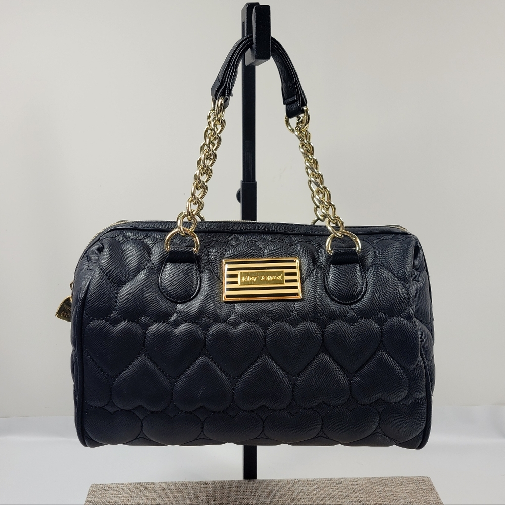 Betsey Johnson Black Heart Quilted Satchel Bag Chain Strap